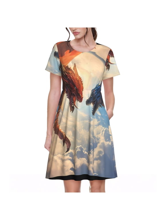 Cloud Red And Blue Dragon Pattern Women's Short Sleeve Summer Dress Pleated Loose Swing Knee Length Short Sleeve Swing Dresses