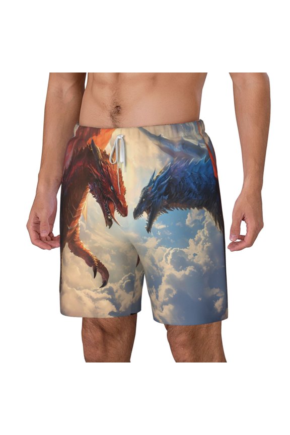 Cloud Red And Blue Dragon pattern Mens Swim Trunks with Compression Liner Stretch Beach Shorts Quick Dry with Zipper Pockets No-Chafing Board Shorts-Medium