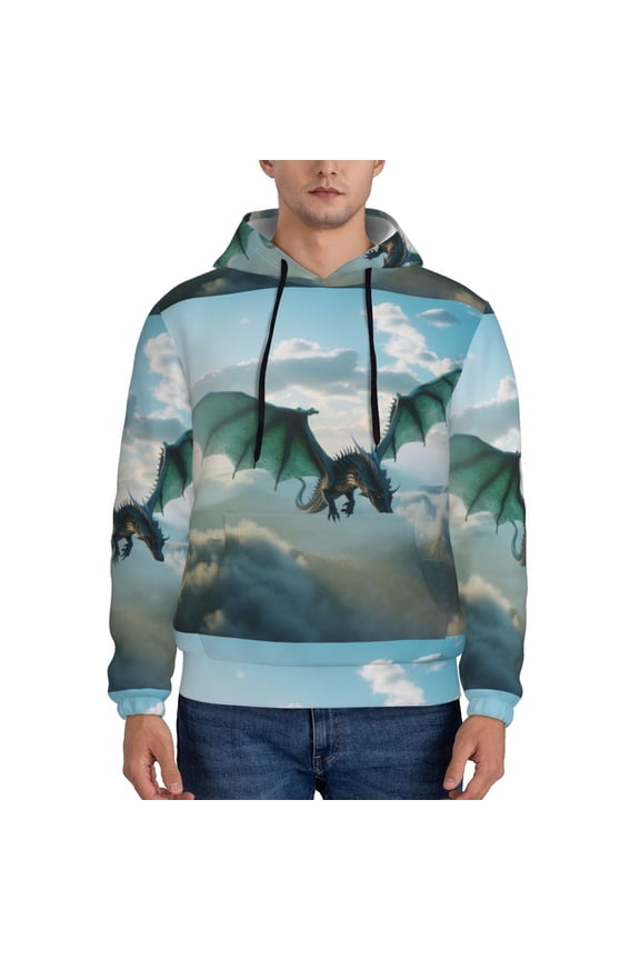 Cloud Sky Green Dragon Pattern Casual Men's Hoodie - Lightweight Hooded Sweatshirt with Kangaroo Pocket, Comfortable Pullover for Everyday, Travel-3X-Large