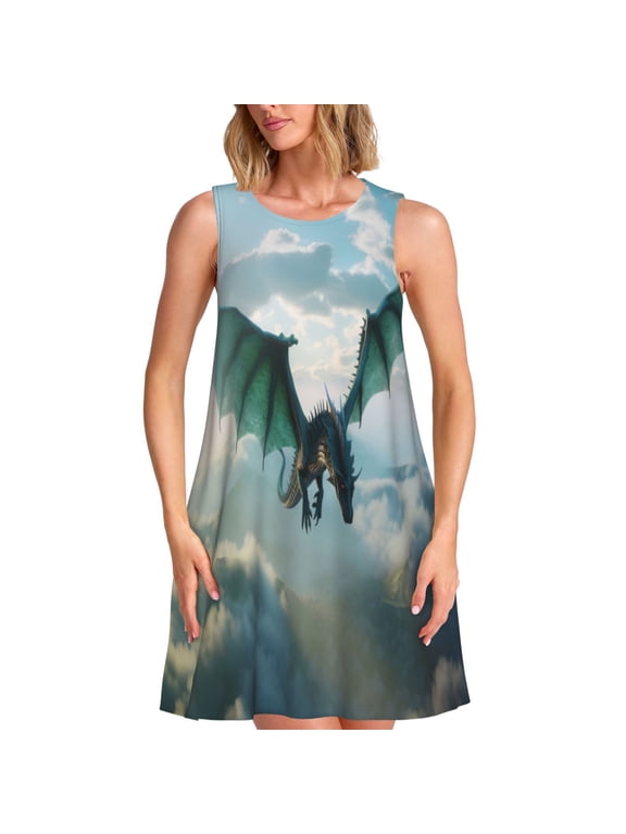 Cloud Sky Green Dragon Print Women’s Sleeveless Midi Swing Dress – A-Line Pleated Tank Sundress, Comfortable and Flowy T-Shirt Dress