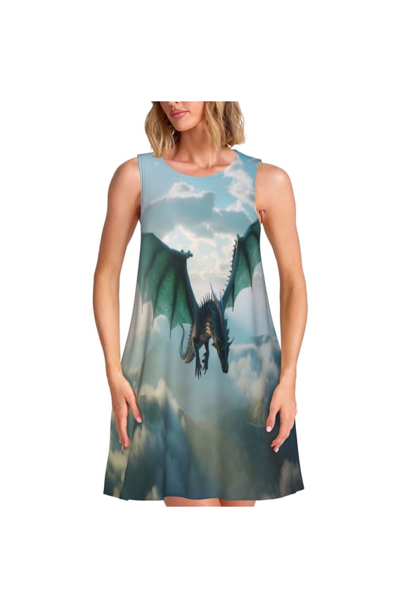 Cloud Sky Green Dragon Print Women’s Sleeveless Midi Swing Dress – A-Line Pleated Tank Sundress, Comfortable and Flowy T-Shirt Dress
