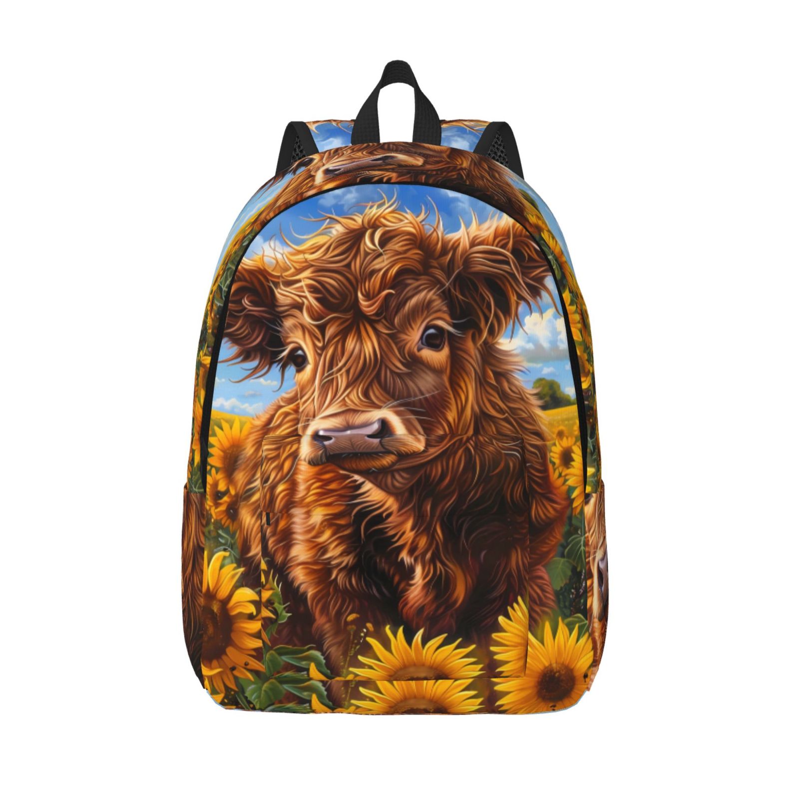 Picia Cloud Sky Sunflower Cow Printed Canvas Daypack - Stylish and Durable Vintage Compact Backpack - Class, Work, Travel, or Laptop Bookbag,Organized Compartments-Small