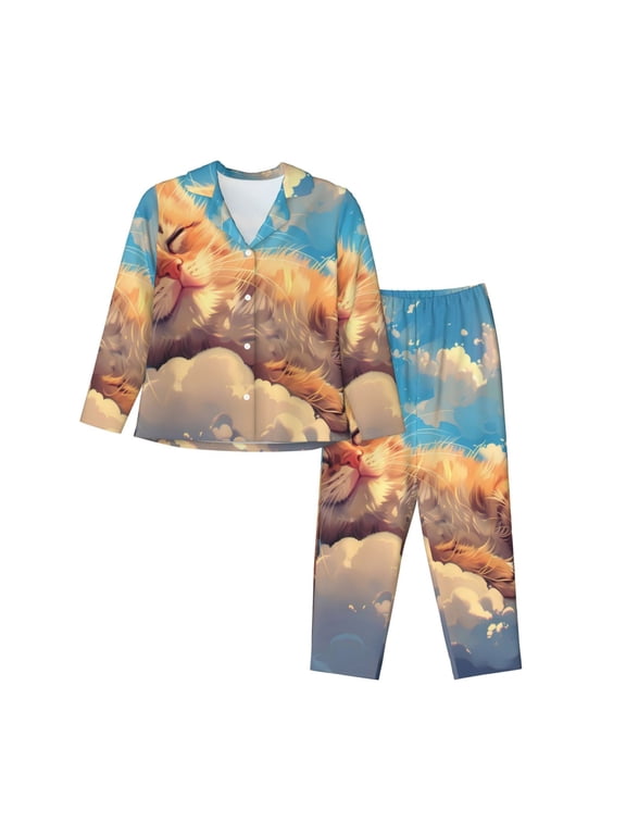 Cloud Sleeping Cat Pattern Women’s Long-Sleeve Sleepwear Set - Soft 2-Piece Loungewear with Pockets, Comfy PJs for Relaxing Nights-XX-Large