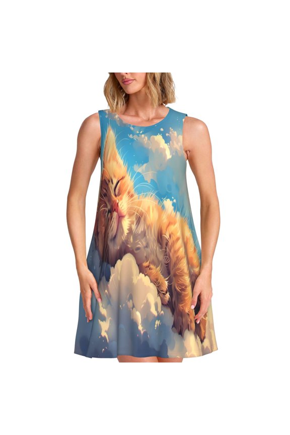 Cloud Sleeping Cat Print Women’s Sleeveless Midi Swing Dress – A-Line Pleated Tank Sundress, Comfortable and Flowy T-Shirt Dress
