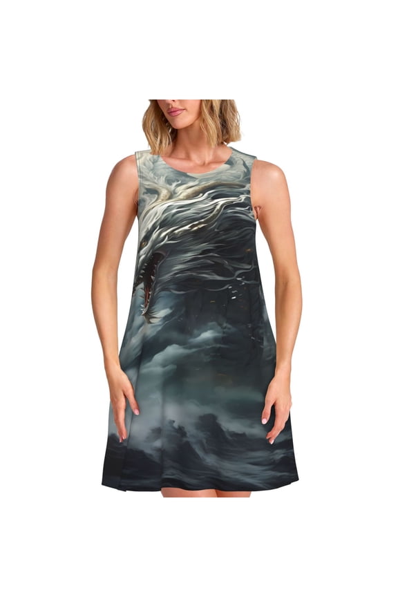 Cloud White Dragon Print Women’s Sleeveless Midi Swing Dress – A-Line Pleated Tank Sundress, Comfortable and Flowy T-Shirt Dress