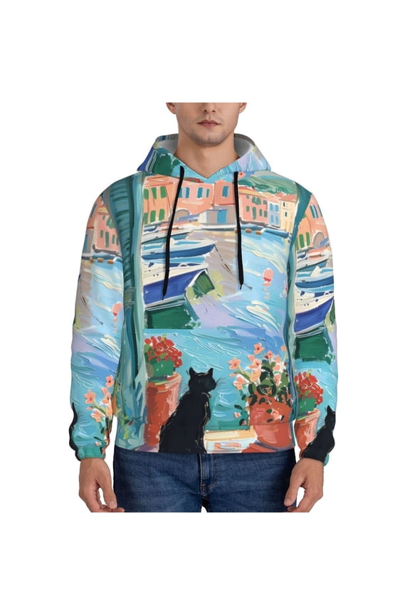 Coastal Cat By The Window Pattern Casual Men's Hoodie - Lightweight Hooded Sweatshirt with Kangaroo Pocket, Comfortable Pullover for Everyday, Travel-Small