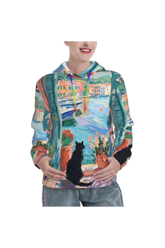 Coastal Cat By The Window Pattern Casual Women's Hoodie, Hooded Sweatshirt with Kangaroo Pocket, Comfortable Pullover with Eye-catching Drawstrings-XX-Large