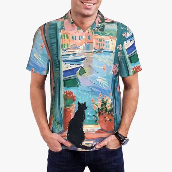 Picia Coastal Cat By The Window Print Men's Polo Shirt, Two-Button Closure Pique Polo Shirt, Summer Fashion Golf Shirt-4X-Large