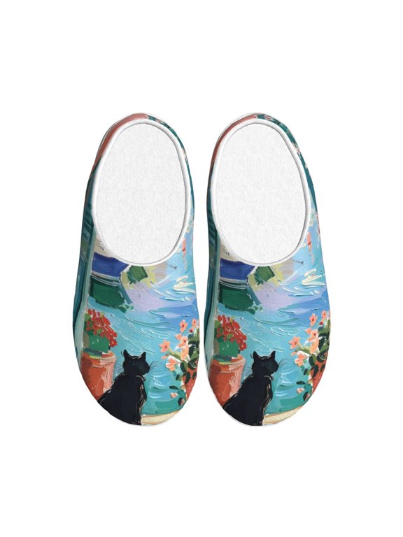 Coastal Cat By The Window for Women's Lamb-hug Comfy Fleece House Slippers Memory Foam, Slip-on House Shoes Indoor Outdoor-40/41