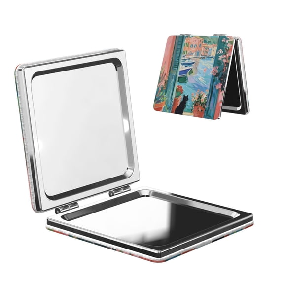 Picia Coastal Cat By The Window for Compact Vanity Mirror , Travel Makeup Mirror , Portable Magnifying Cosmetic Mirror for Daily, Work, Business-Square