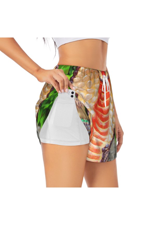 Cobra Snake Pattern Women's 2 in 1 Athletic Running Shorts High Waisted Workout Casual Gym Sweat Shorts with Comfy Liner Zipper Pockets-Small