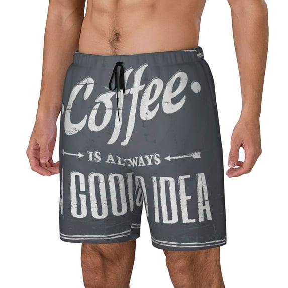 Picia Coffee Is Always A Good Idea pattern Mens Swim Trunks with Compression Liner Stretch Beach Shorts Quick Dry with Zipper Pockets No-Chafing Board Shorts-