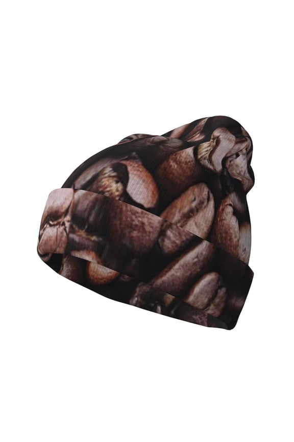 Coffee Bean Pattern Knitted Beanie Hat for Men and Women , Unisex Winter Warm Stretchy Knit Cap Thick Fisherman Beanies Cuffed Plain Skull Caps