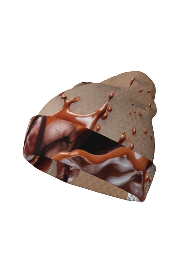 Coffee Beans Chocolate Splash Pattern Knitted Beanie Hat for Men and Women , Unisex Winter Warm Stretchy Knit Cap Thick Fisherman Beanies Cuffed Plain Skull Caps