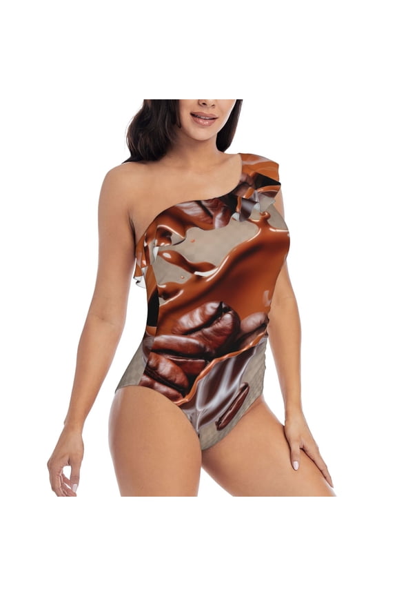 Coffee Beans Chocolate Splash Pattern Women's One Piece Swimsuits,One Shoulder Swimwear Asymmetric ,Ruffle Monokinis Bathing Suits,High Waisted Flattering Bathing Suits-Large