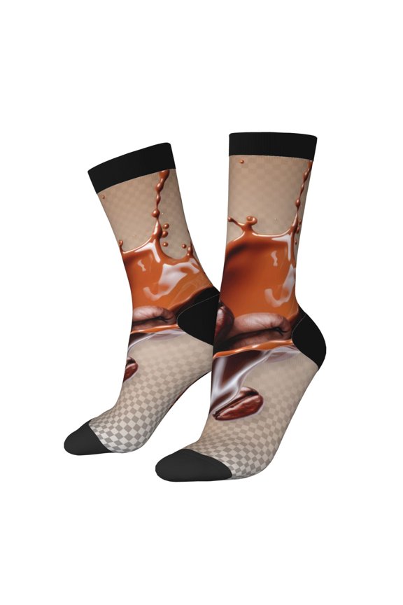 Coffee Beans Chocolate Splash Print Athletic Socks for Men & Women – Cushioned Moisture-Wicking Crew Socks for Sports, Running, and Training, Soft & Breathable Size 5-11
