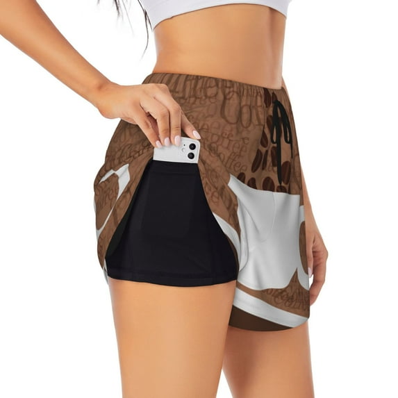 Picia Coffee Cafe Cup Pattern Women's 2 in 1 Athletic Running Shorts High Waisted Workout Casual Gym Sweat Shorts with Comfy Liner Zipper Pockets-Large