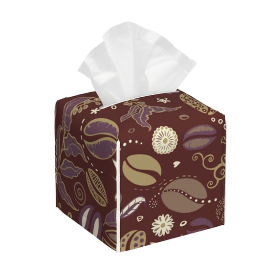 Picia Coffee and Flowers Pattern Tissue Box Cover,PVC Leather Square Holder,Tissue Box Holder with Magnetic Bottom,Facial Paper Organizer Dispenser-5.2"X5.2"X5.2"