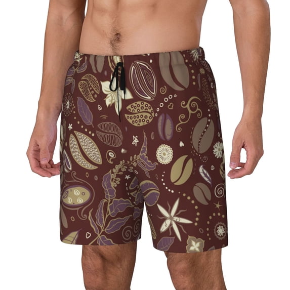 Picia Coffee and Flowers pattern Mens Swim Trunks with Compression Liner Stretch Beach Shorts Quick Dry with Zipper Pockets No-Chafing Board Shorts-3X-Large