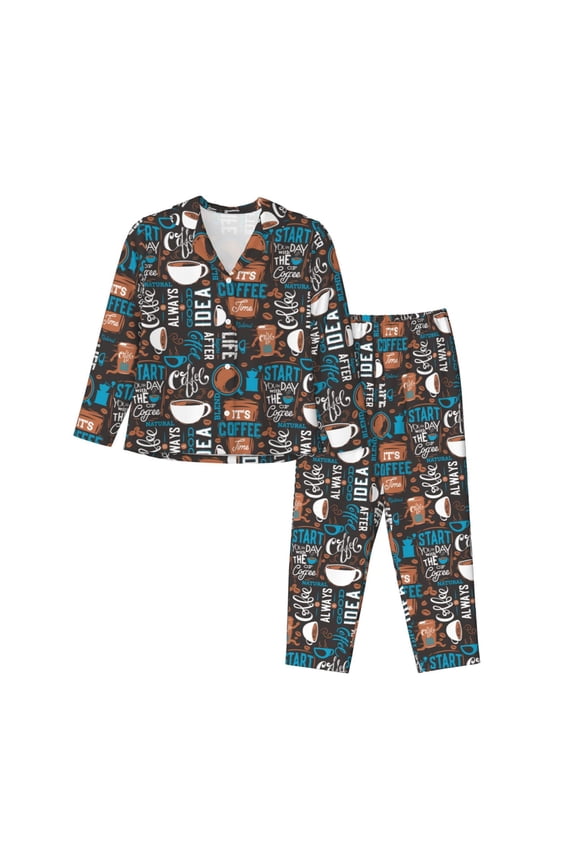 Coffee Lover Print Pattern Women’s Long-Sleeve Sleepwear Set - Soft 2-Piece Loungewear with Pockets, Comfy PJs for Relaxing Nights-XX-Large