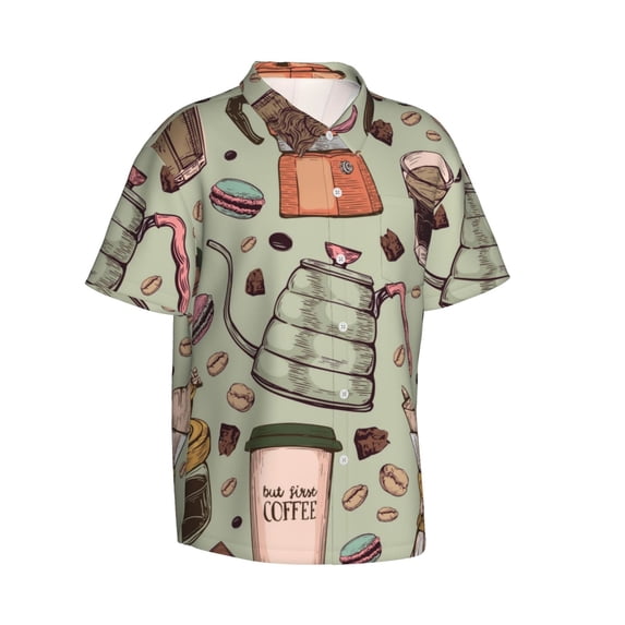 Picia Coffee Makers Macaroons Chocolate Gentle Cotton Regular Fit Short Sleeve Casual Hawaiian Shirt for Men-X-Large