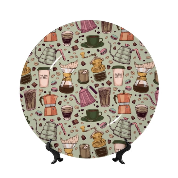 Picia Coffee Makers Macaroons Chocolate Pattern Bone China Decorative Plate – Wall Decor with Stand and Adhesive, Elegant Ornament for Living Room, Office, or Entryway-6in