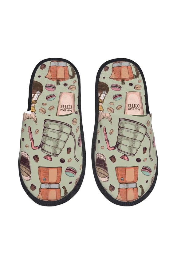 Coffee Makers Macaroons Chocolate Print Women's Fuzzy Fluffy House Slippers Plush Memory Foam Shoes Indoor Outdoor-Medium