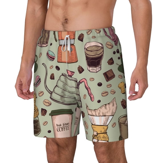 Picia Coffee Makers Macaroons Chocolate pattern Mens Swim Trunks with Compression Liner Stretch Beach Shorts Quick Dry with Zipper Pockets No-Chafing Board Shorts-Medium