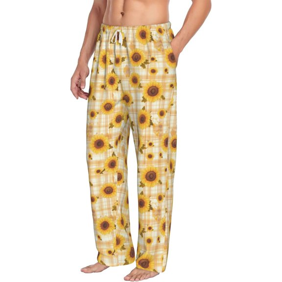 Picia Coffee Plaid Sunflower Mens Soft Woven Cotton Elastic Waistband Sleep Pajama Pant Lounge Sleep Pant With Pockets And Drawstring-Medium