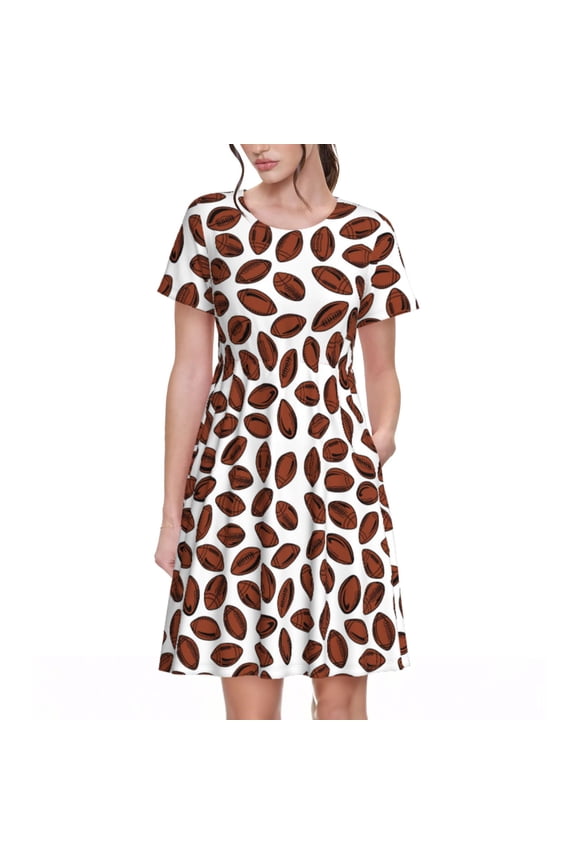 Coffee Rugby Pattern Women's Short Sleeve Summer Dress Pleated Loose Swing Knee Length Short Sleeve Swing Dresses