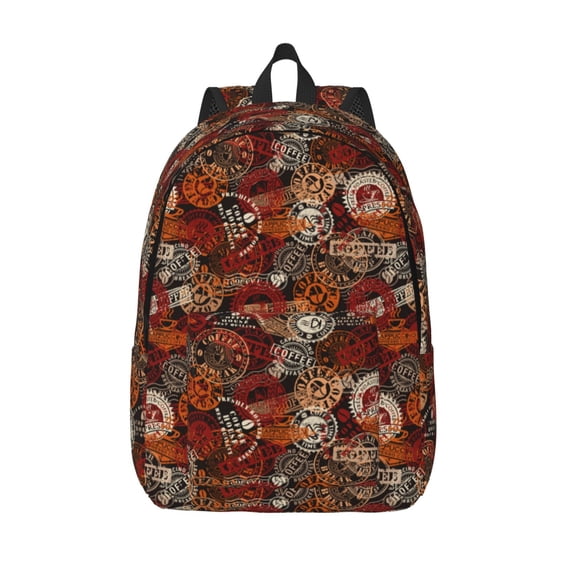 Picia Coffee Stamp Printed Canvas Daypack - Stylish and Durable Vintage Compact Backpack - Class, Work, Travel, or Laptop Bookbag,Organized Compartments-Medium