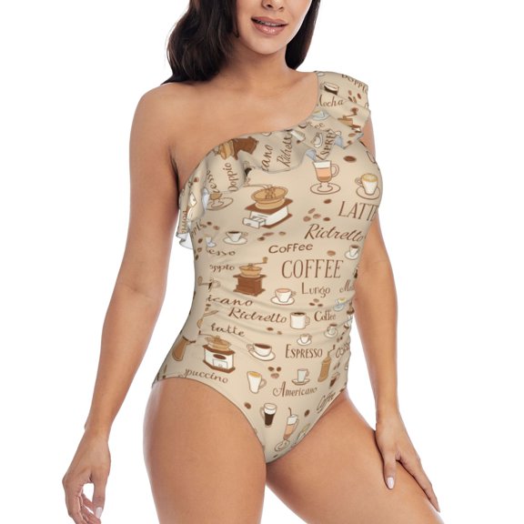 Picia Coffee Time Pattern Women's One Piece Swimsuits,One Shoulder Swimwear Asymmetric ,Ruffle Monokinis Bathing Suits,High Waisted Flattering Bathing Suits-
