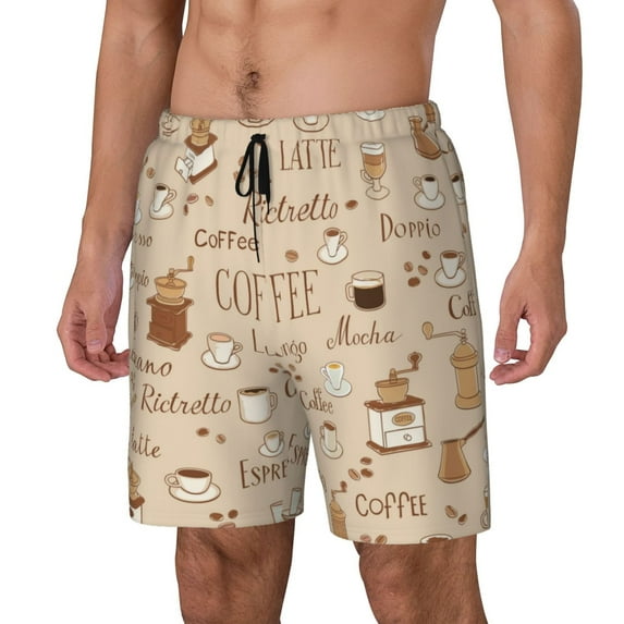 Picia Coffee Time pattern Mens Swim Trunks with Compression Liner Stretch Beach Shorts Quick Dry with Zipper Pockets No-Chafing Board Shorts-3X-Large