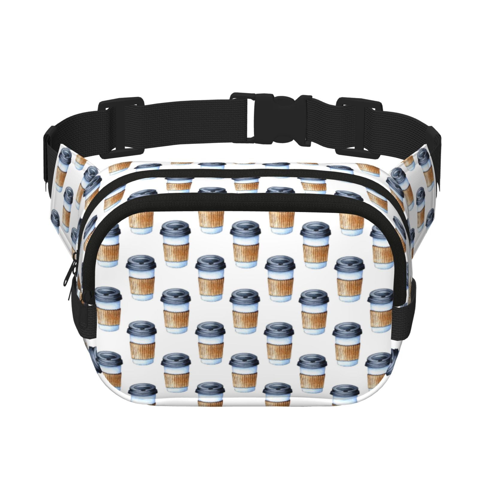 Picia Coffee To Go Pattern Print Square Double-Layer Waist Bag Mini Adjustable Waist Belt Bag Exercise Running Travel Hiking
