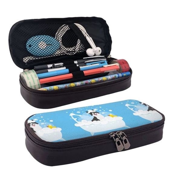 Picia Collie in Bathtub Pattern Large Capacity PU Leather Pencil Case Organizer Pen Marker Holder Double Zipper Storage Bag Big Pencil Pouch for College Office