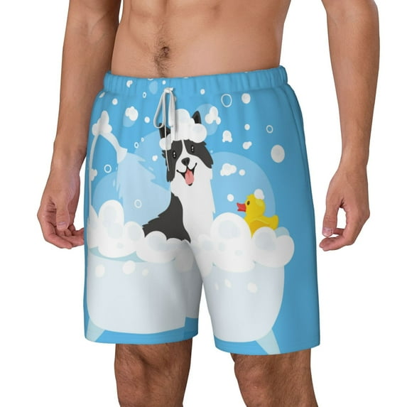 Picia Collie in Bathtub pattern Mens Swim Trunks with Compression Liner Stretch Beach Shorts Quick Dry with Zipper Pockets No-Chafing Board Shorts-X-Large