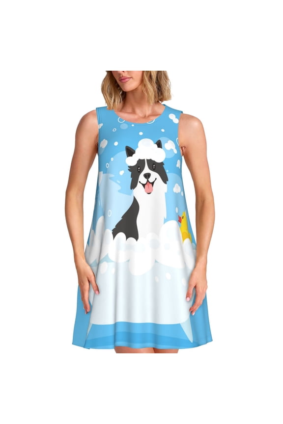 Collie in Bathtub Print Women’s Sleeveless Midi Swing Dress – A-Line Pleated Tank Sundress, Comfortable and Flowy T-Shirt Dress