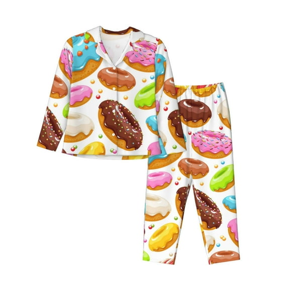 Picia Color Donut Pattern Women’s Long-Sleeve Sleepwear Set - Soft 2-Piece Loungewear with Pockets, Comfy PJs for Relaxing Nights-Medium