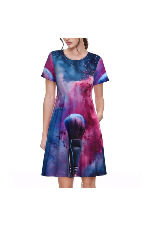 Color Explosion Makeup Brush Pattern Women's Short Sleeve Summer Dress Pleated Loose Swing Knee Length Short Sleeve Swing Dresses