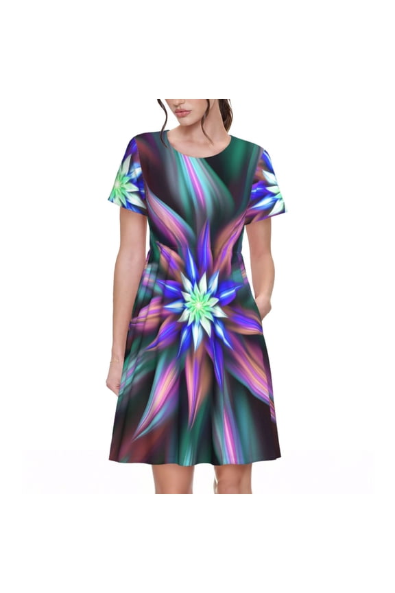 Colored Abstract Pattern Women's Short Sleeve Summer Dress Pleated Loose Swing Knee Length Short Sleeve Swing Dresses