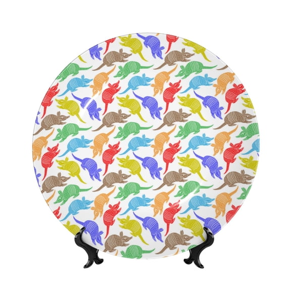 Picia Colored Armadillos Pattern Bone China Decorative Plate – Wall Decor with Stand and Adhesive, Elegant Ornament for Living Room, Office, or Entryway-8in