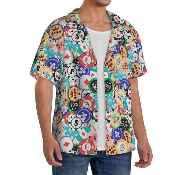 Picia Colored Casino Chips Men's Linen Shirts Short Sleeve Cuban Beach Shirts Casual Shirts Button Down Shirt for Men Beach Summer Wedding Shirt-3X-Large