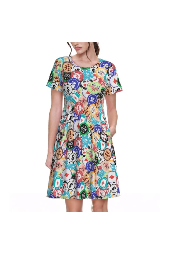 Colored Casino Chips Pattern Women's Short Sleeve Summer Dress Pleated Loose Swing Knee Length Short Sleeve Swing Dresses