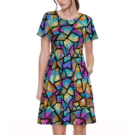 Picia Colored Glass1 Pattern Women's Short Sleeve Summer Dress Pleated Loose Swing Knee Length Short Sleeve Swing Dresses