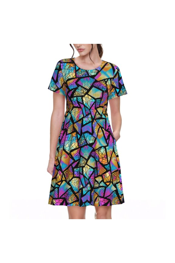 Colored Glass1 Pattern Women's Short Sleeve Summer Dress Pleated Loose Swing Knee Length Short Sleeve Swing Dresses