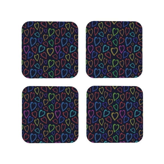 Picia Colored Hearts Printed Leather Coasters for Drinks, 4" Drink Coasters Set of 4 for Tabletop Protection, Handmade Luxurious Home Décor and Housewarming Gift -Square