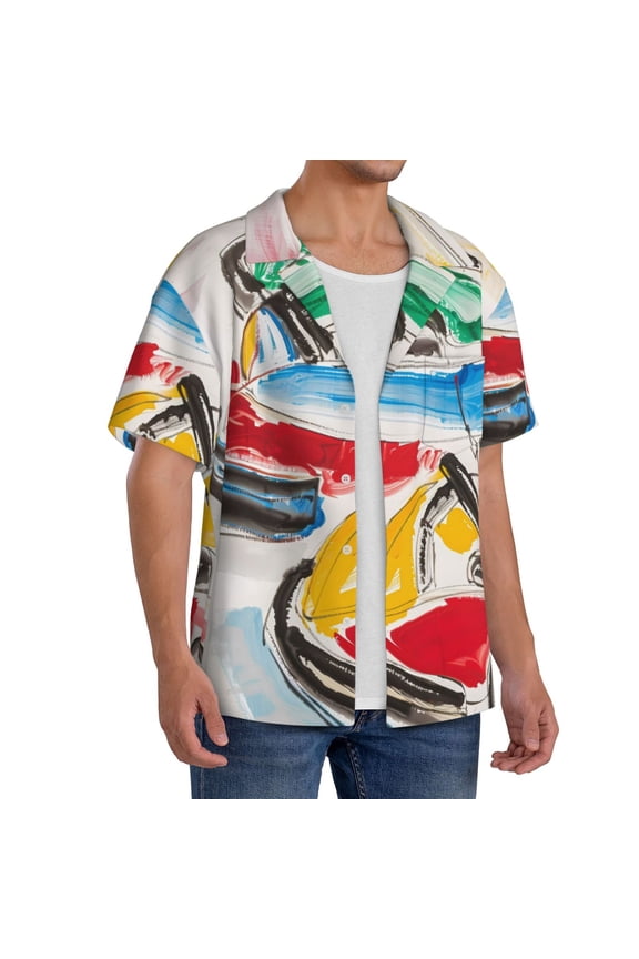 Colorful Abstract Bumper Cars Men's Linen Shirts Short Sleeve Cuban Beach Shirts Casual Shirts Button Down Shirt for Men Beach Summer Wedding Shirt-XX-Large