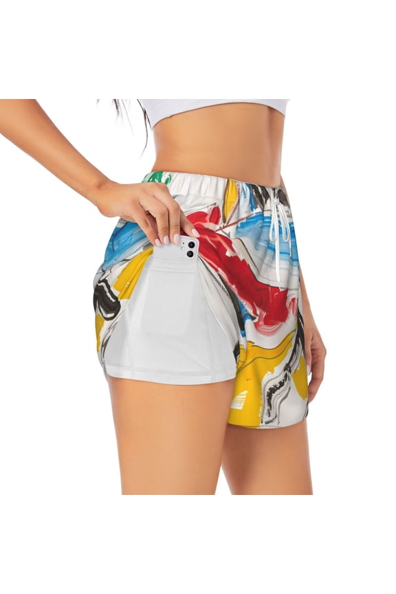 Colorful Abstract Bumper Cars Pattern Women's 2 in 1 Athletic Running Shorts High Waisted Workout Casual Gym Sweat Shorts with Comfy Liner Zipper Pockets-Medium