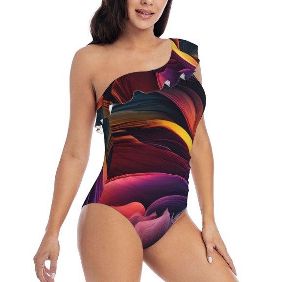Picia Colorful Abstract Wave Motion Pattern Women's One Piece Swimsuits,One Shoulder Swimwear Asymmetric ,Ruffle Monokinis Bathing Suits,High Waisted Flattering Bathing Suits-Large