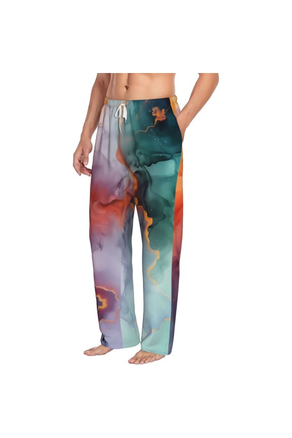 Colorful Abstract Waves Mens Soft Woven Cotton Elastic Waistband Sleep Pajama Pant Lounge Sleep Pant With Pockets And Drawstring-Small
